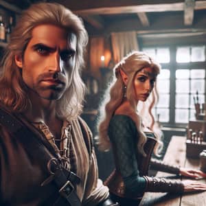 Male Witcher and Elven Sorceress Confrontation in Rustic Tavern
