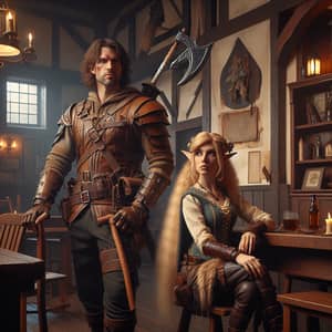 Male Witcher and Elven Sorceress in Rustic Tavern | Fantasy Scene