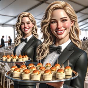 Realistic Blonde Waitress Serving Canapés in Catered Event