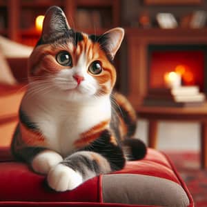 Adorable Calico Cat on Red Velvet Cushion | Cozy Living Room Scene
