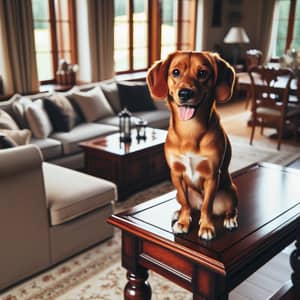 Happy Brown Dog Sitting on Table in Cozy Living Room