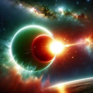 Celestial Collision: Green and Red Planets Exploding in Cosmic Ballet
