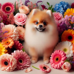 Fluffy Pomeranian Dog Surrounded by Colorful Flowers