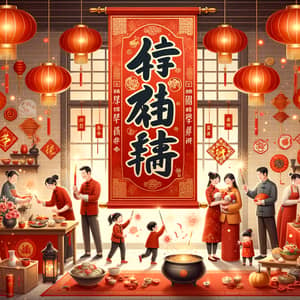 Chinese New Year Festive Scene with Lanterns, Firecrackers & Prosperity Blessings