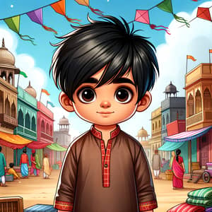 Young Indian Boy Cartoon Illustration | Vibrant Indian Town Scene