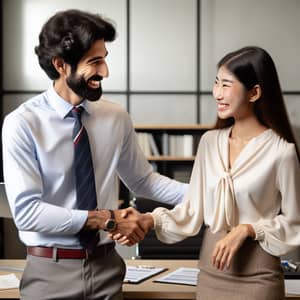 Professional Business-Customer Interaction: Middle-Eastern Male Employee and East Asian Female Customer