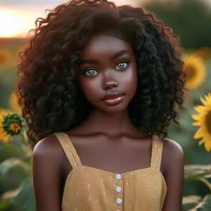 Radiant Black Girl in Sunflower Field - Serene Beauty Portrait