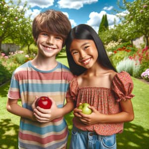 Colorful Outdoor Adventure with Apple-Holding Kids in a Lush Park