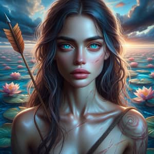 Warrior Woman in Fiery Ocean: Blue-Green Eyes & Lotus Flowers