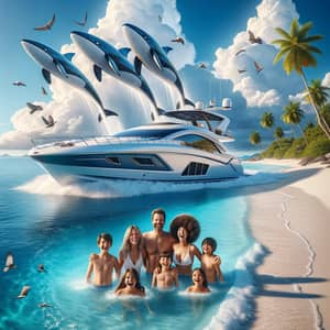 Happy Family Enjoying Caribbean Sea with Futuristic Boats and Majestic Whales