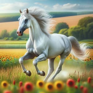 Majestic White Thoroughbred Horse Galloping - Equine Photo