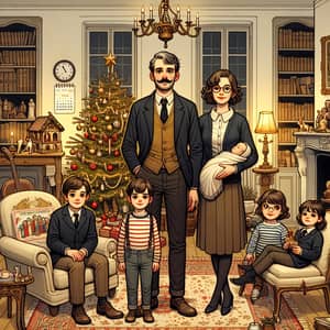 French Parisian-Style Family Christmas Scene with Father, Mother & Sons