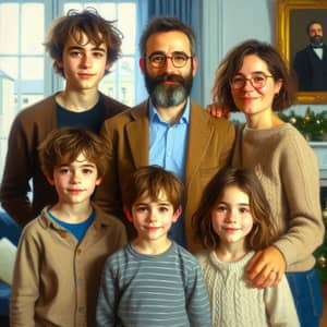 French Family Christmas Illustration in Oil Painting Style