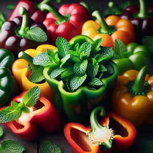 Vibrant Peppers with Fresh Mint Leaves | Colorful and Inviting