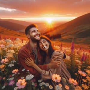 Radiant Spring Moment: Hispanic Man & Middle-Eastern Woman on Mountain at Sunset