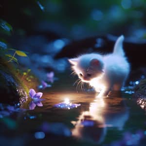Enchanting Scene of a White Kitten Walking in a Shallow Creek at Night