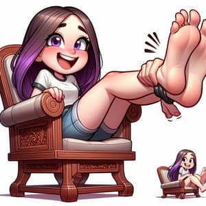 Playful Teenage Girl Artwork | Animated Violet-Haired Girl on Mahogany Chair