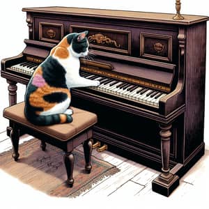 Multicolored Domestic Cat Playing Piano Illustration