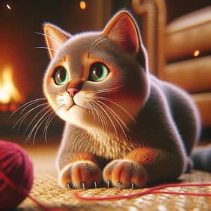 Curious Cat with Shiny Fur and Green Eyes | Observing Yarn Ball