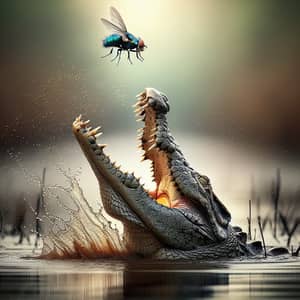 Predatory Encounter: Crocodile Capturing Fly in Intense Scene