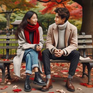 Autumn Park Bench Conversation - Young Asian Woman and Hispanic Man