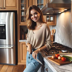 20-Year-Old Caucasian Woman in Casual Attire Cooking in Modern Kitchen