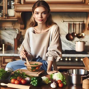 Young Caucasian Woman Cooking in Cozy Kitchen
