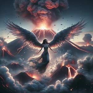 Winged East Asian Woman Facing Volcanic Eruption
