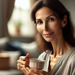 Serene Middle-Eastern Mother Sipping Tea in Cozy Room