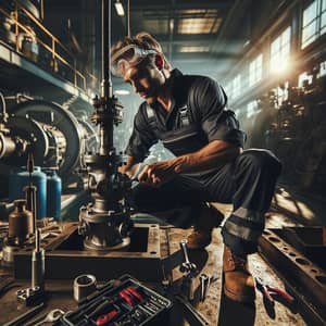 Professional Caucasian Male Mechanic Working on Pump System in Industrial Setting