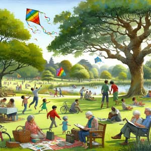 Weekend Scene in Diverse Green Park with Kite Flying and Picnic