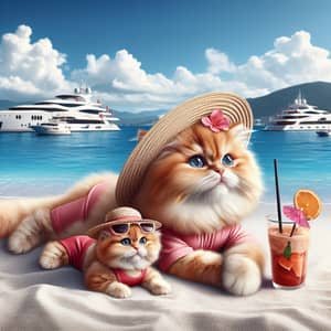 Adorable Ginger Cat and Kitten Enjoying Beach Vacation