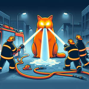 Firefighters Rescuing Large Ginger Cat from Street Scene