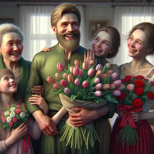 Heartwarming Family Moment with Bouquets of Tulips and Roses