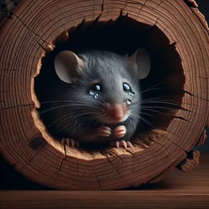 Professional Gray Mouse in Wooden Burrow with Teardrops - Hyperrealism