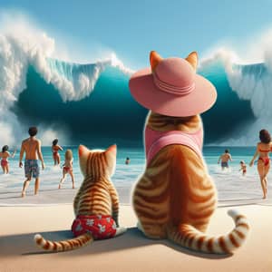 Immaculate Ginger Cat and Kitten Beach Scene with Approaching Tsunami