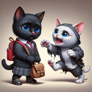 Realistic Cartoon Black British Cat in School Uniform with Blue Eyes