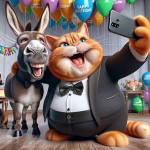 Hyperrealistic Cartoon-Inspired Cat and Donkey Birthday Celebration