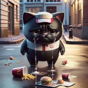 Sorrowful Cartoon Black Cat in Fast Food Uniform Crying