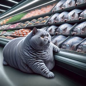 Chunky Gray British Shorthair Cat in Grocery Store