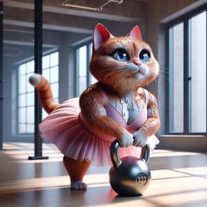 Charming Reddish Cat Lifting Kettlebell in Gym | High Resolution