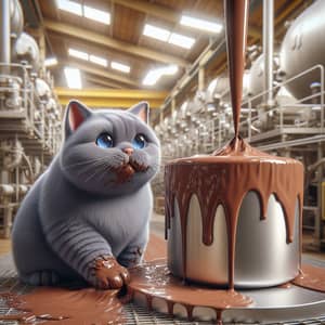 Chubby British Grey Cat at Chocolate Production Factory