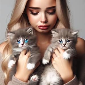 Beautiful Blonde Girl Holding Three Grey Kittens - Emotional Scene