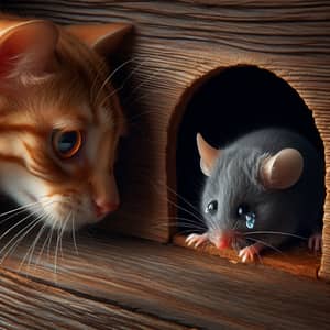 Grey Mouse in Wooden Burrow Watching Ginger Cat