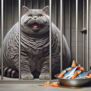 Overweight Grey British Shorthair Cat Laughing Behind Bars