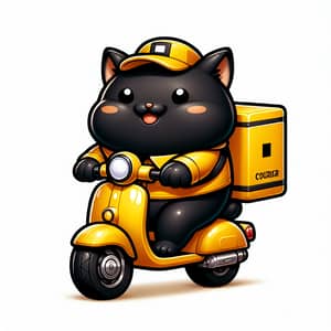 Chubby Cartoon-Style Black Cat Courier on Yellow Moped