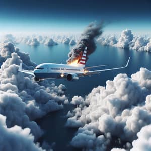 White Airplane with US Flag Descending Amidst Clouds in High Altitude