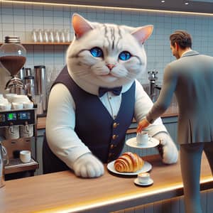 Hyperrealistic Café Scene with British Feline Waiter Placing Pastry