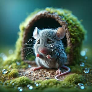 Hyperrealistic Grey Mouse Crying in Tiny Home