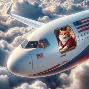 White Airplane with American Flag Soaring Through Clouds